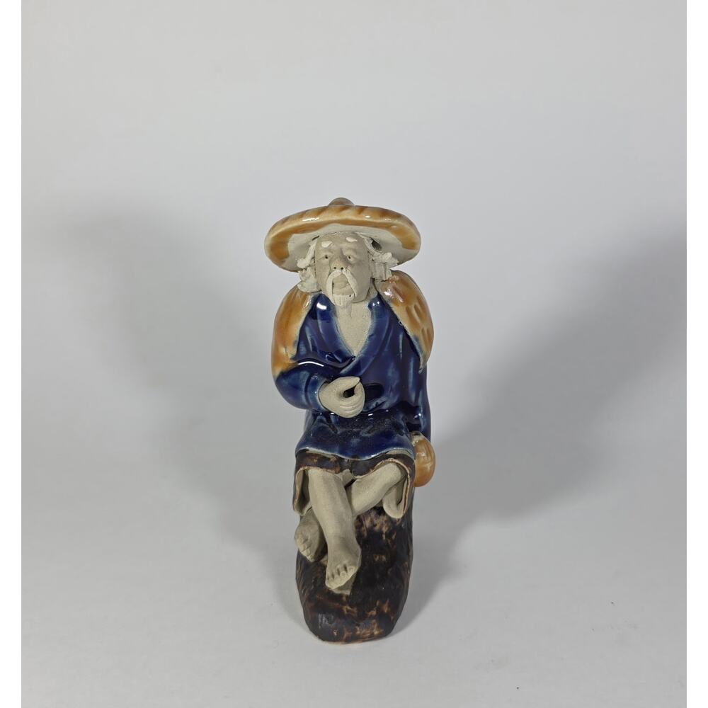 Vintage Chinese Mudman Scholar Figurine Seated on Rock